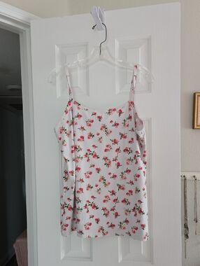 LuLaRoe White Floral Satin Chemise with Pink Rose Print